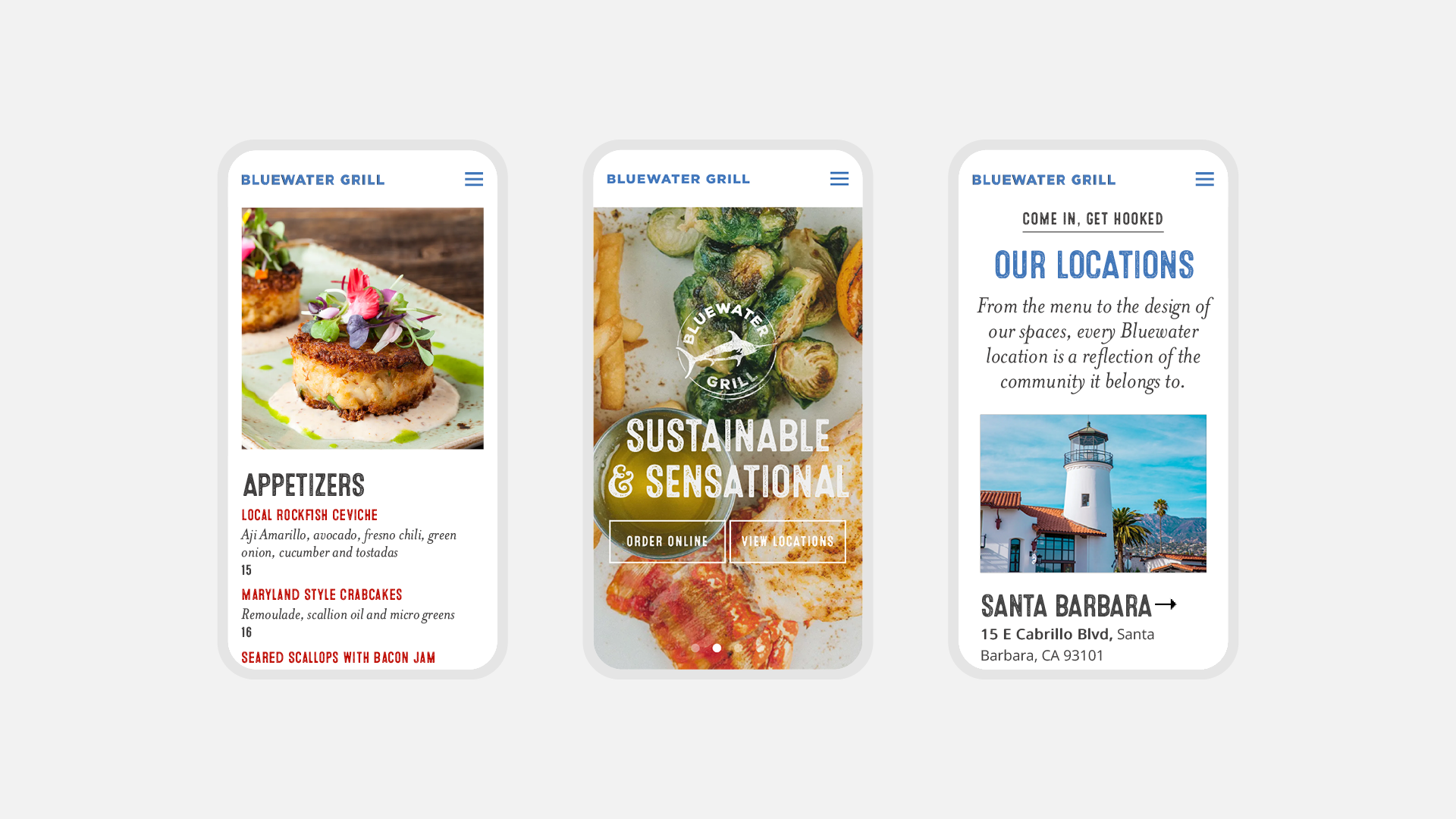 Bluewater Grill Mobile Website Screens