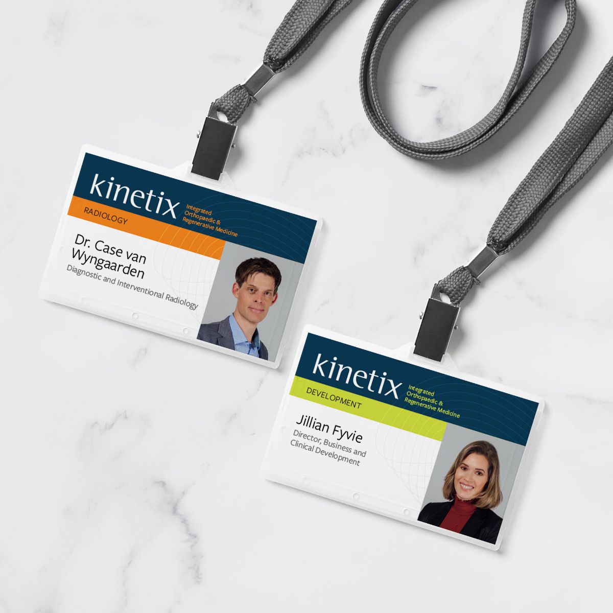 Kinetix: Integrated Orthopaedic Medicine Staff ID cards on lanyards